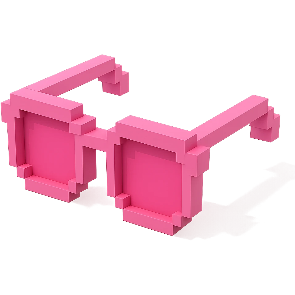 Voxel-style pink glasses with pink lenses, no background, colorful and vibrant emoji