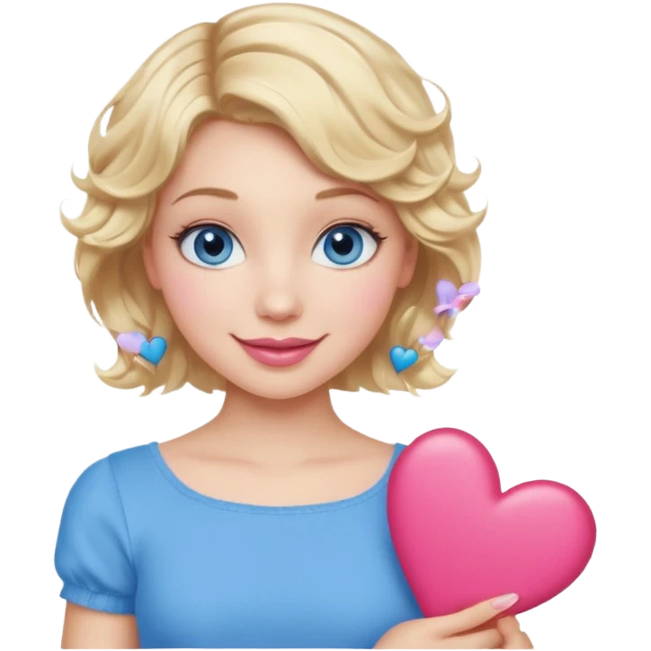 Girl Blonde short wavy hair,  blue eyes, cute blue top, long lashes, pink lips, smiling, holding hearts emoji
