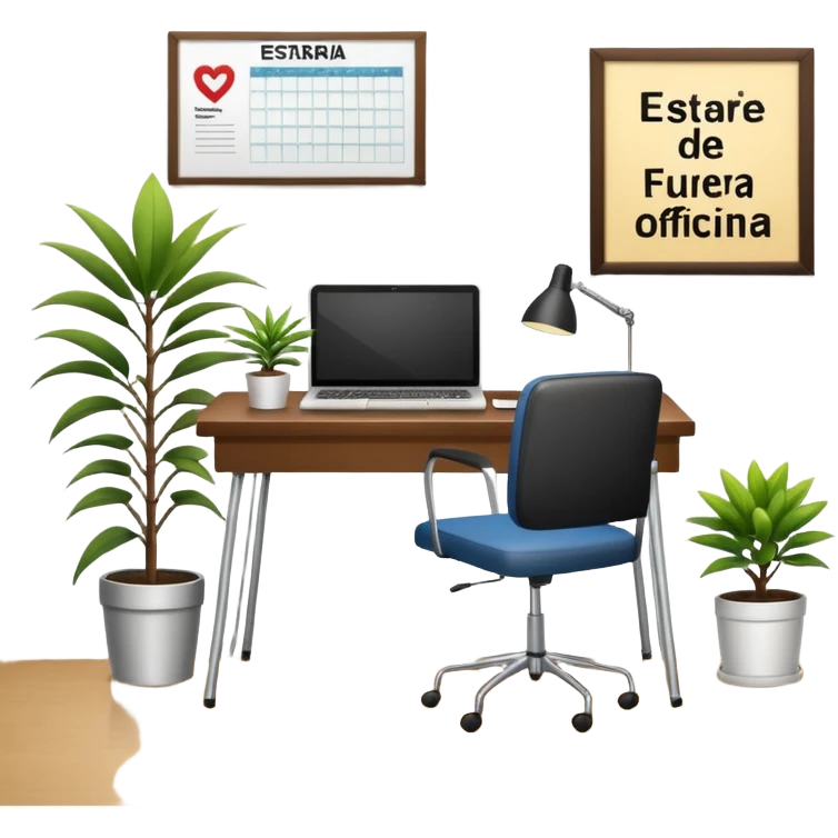 imagen de una oficina moderna con escritorio, silla, notebook, agenda y una planta con un cartel que diga en español ESTARÉ FUERA DE OFICINA emoji