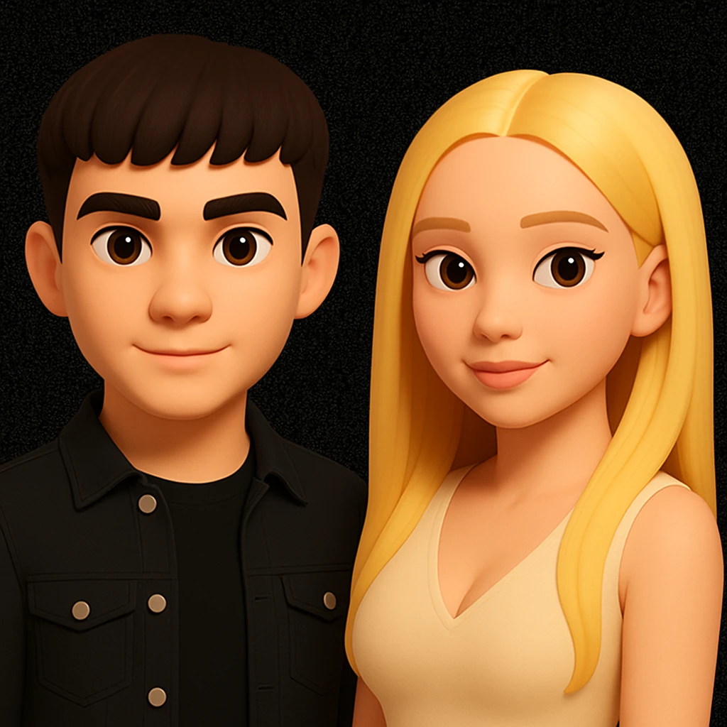 Slightly increase the volume of the upper body of the girl, separate the girl and the boy from each other, and make the skin color the same for both characters. Maintain the cartoonish 3D style in the edits. emoji
