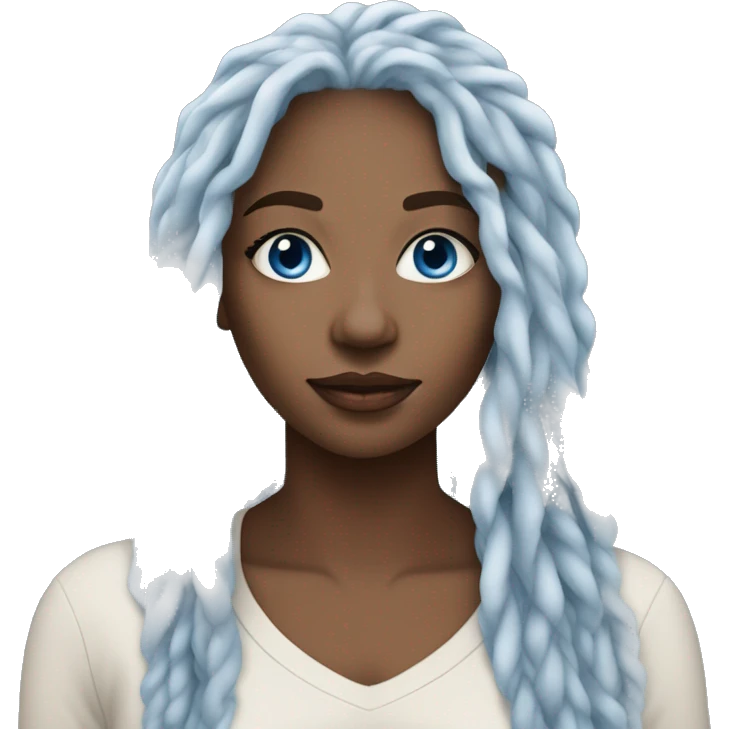 an ebony woman, 30 years old, white dreadlocks, beautify lady, wearing some cheap loose outfit, she has stunning blue eyes emoji