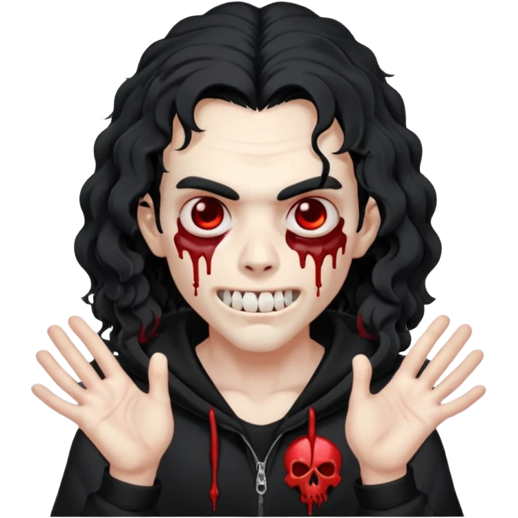 Vampire wearing a black hoodie with a skull logo on it, long curly hair that covers the forehead, fanged teeth and blood on hands emoji