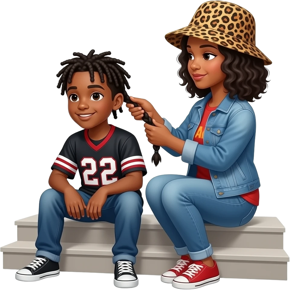 African American teenage boy with braids  sitting on house porch steps wearing a jersey shirt with the number 22 on it, getting his hair he has braided by a African American woman with shoulder length curly black hair wearing a leopard print bucket hat wearing denim jeans and a denim jacket emoji