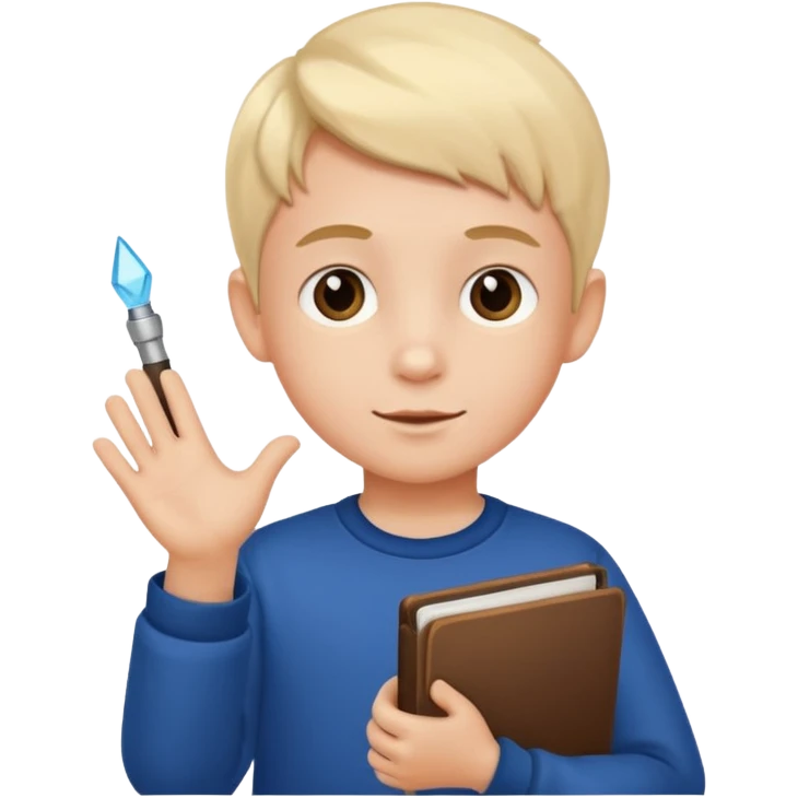 3D imoji of  The little boy who is a magic designer, he is a graphic designer, he should not be holding anything hand down emoji