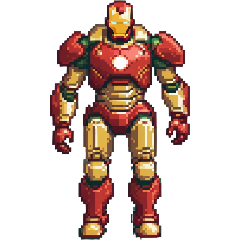 Hulkbuster armor, massive red and gold Iron Man suit designed to fight Hulk, bulky armored exoskeleton, retro video game style emoji