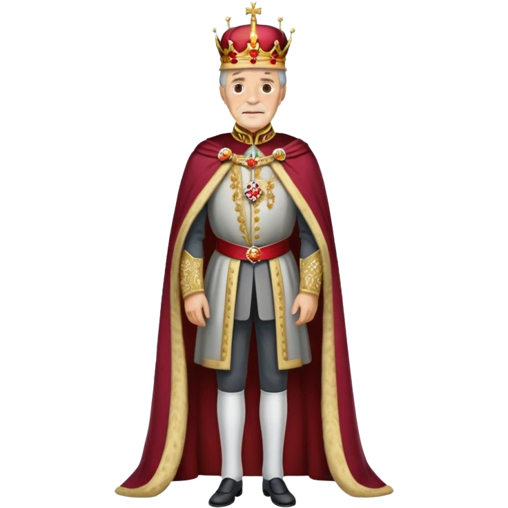 Full body of elderly, thin Carlos I of Spain with brown hair, Habsburg king standing in royal attire with crown, cape, and prominent jaw emoji