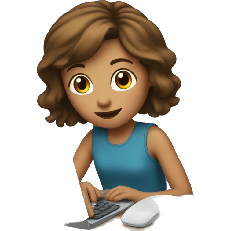 Brown haired girl playing on a computer emoji