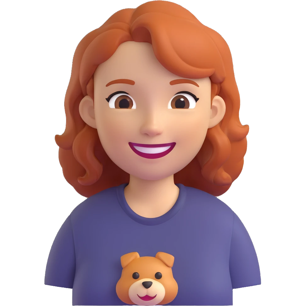 memoji style portrait of a woman with ginger hair, auburn shirt, smiling emoji
