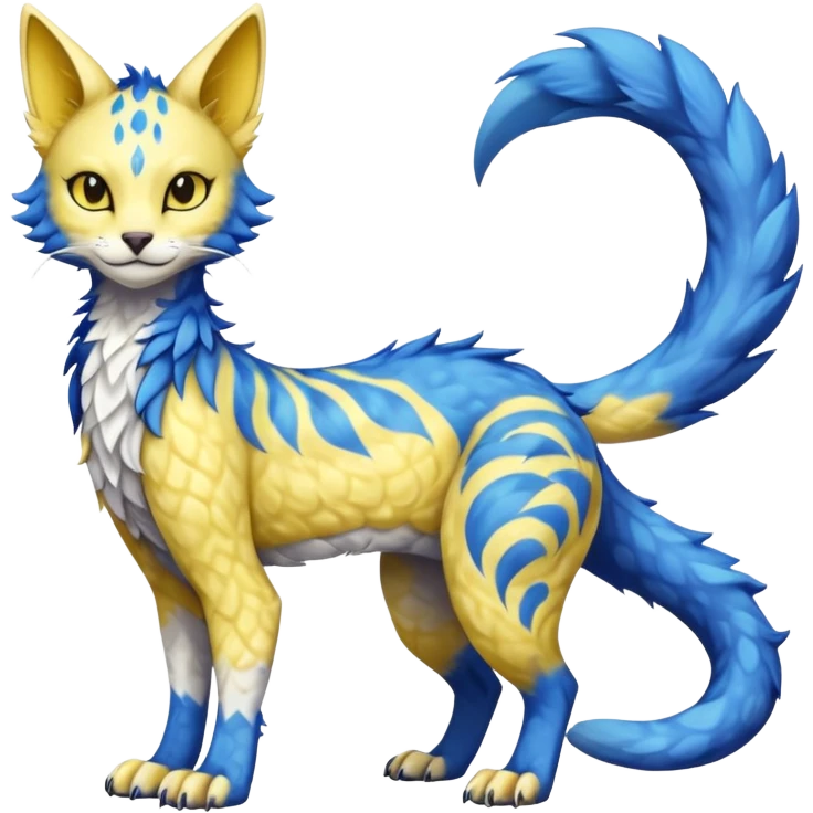 Kawaii yellow and blue beautiful pretty elegant divine edgy fantasy feline-vernid-sergal-fursona animal creature with a tufted tail full body with intricate markings  emoji