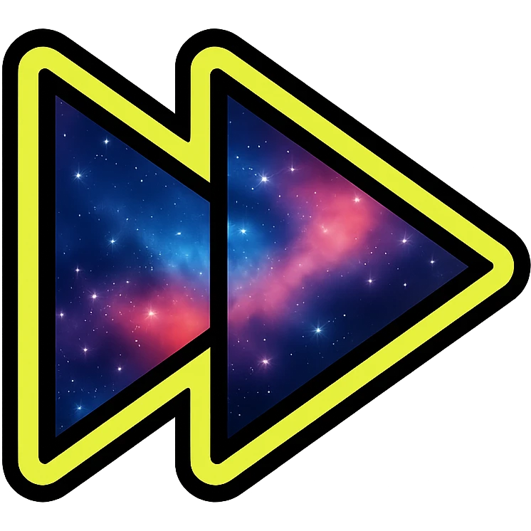 next song icon, two right-pointing triangles filled with vibrant moving galaxy, neon yellow or green glowing border emoji