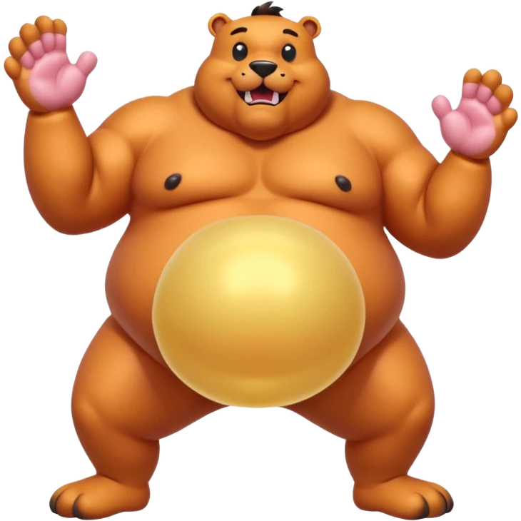 Oilly fat strong muscle blizzbeast with big fat inflated bloated balloon king size massive oilly belly with legs spread out showing black feet paw pads with a outtie bellybutton blushing and moaning farting emoji