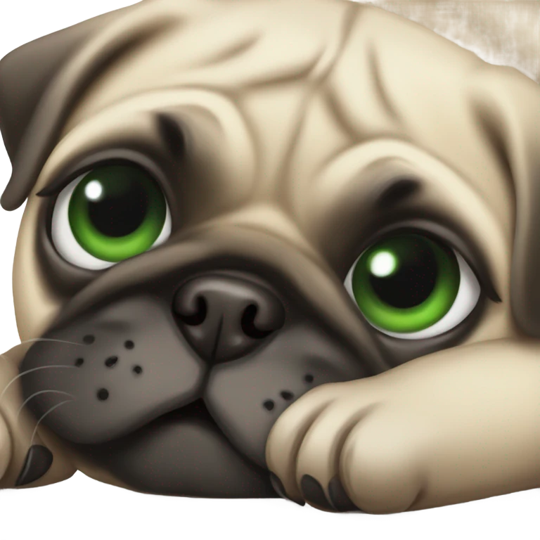 Cute Baby pug with big green eyes happy  lying down  emoji
