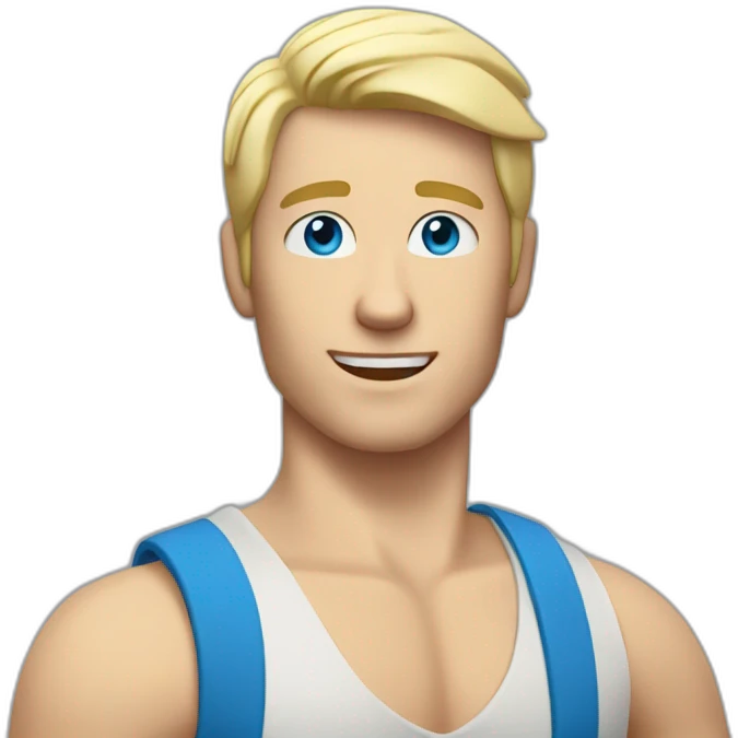 white blonde man with blue eyes and tanktop points his hand upwards emoji