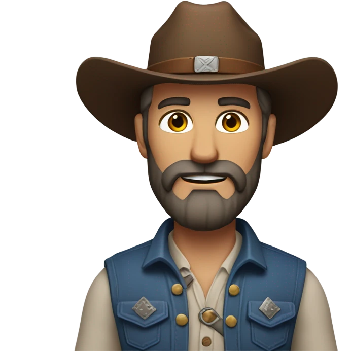 a rugged cowboy with a thick beard, wearing a blue vest over a classic western shirt and a brown belt with a silver buckle. He should have a confident stance, exuding a strong and adventurous frontier spirit. emoji
