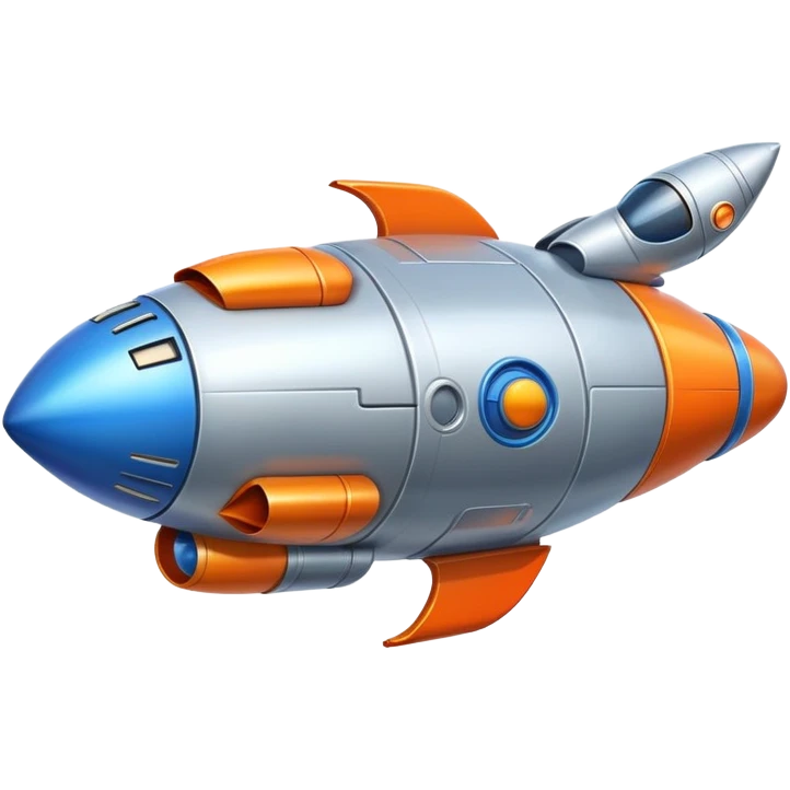Spaceship with a large rounded belly in the middle, rocket boosters, personified with a happy face emoji