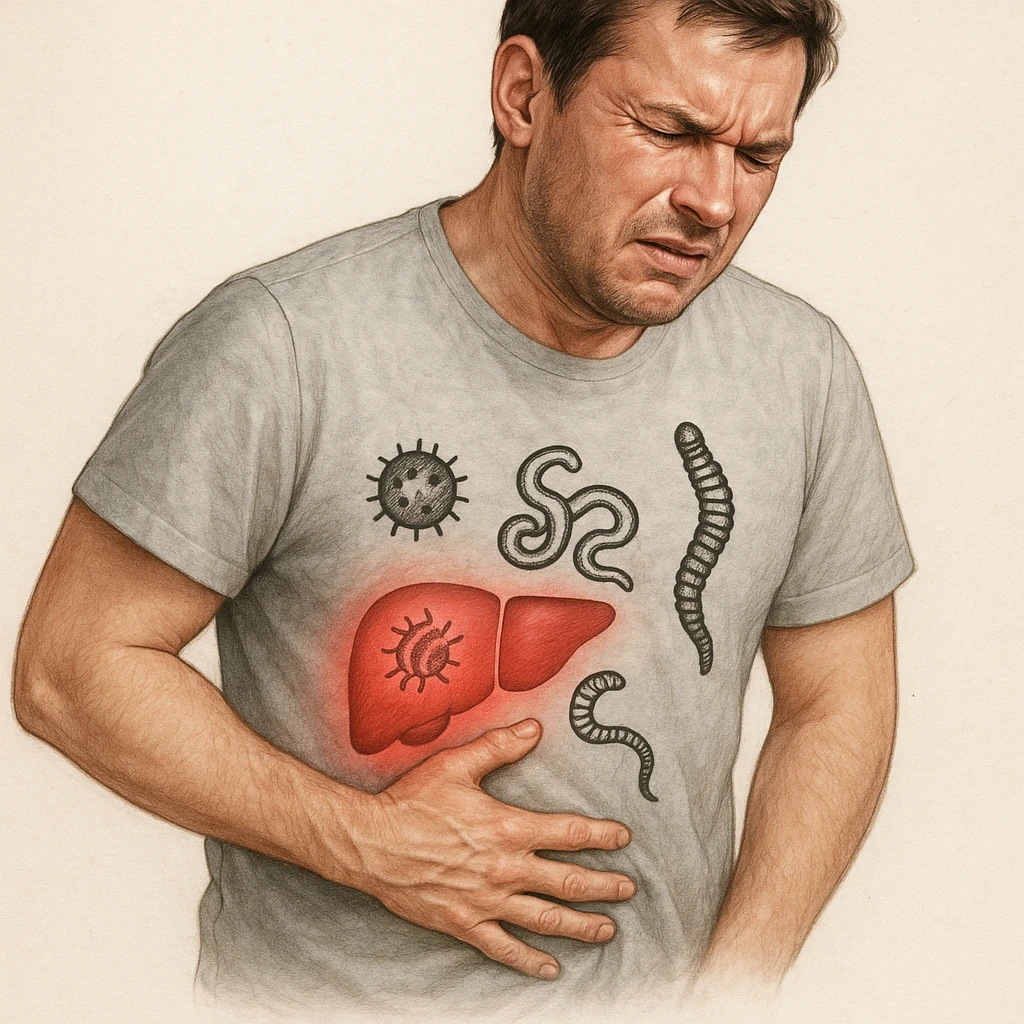 realistic medical illustration of a man with a painful expression, holding his side where the liver is located, with stylized symbols or drawings of parasites near the liver area, educational and respectful tone, Italian label emoji