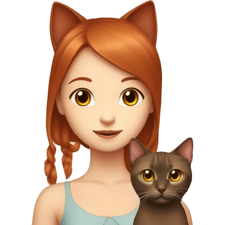 cherry red hair cute girl with burmese brown cat emoji