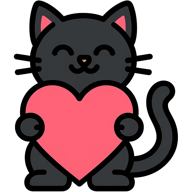 sweet black kitty with a pink heart emoji