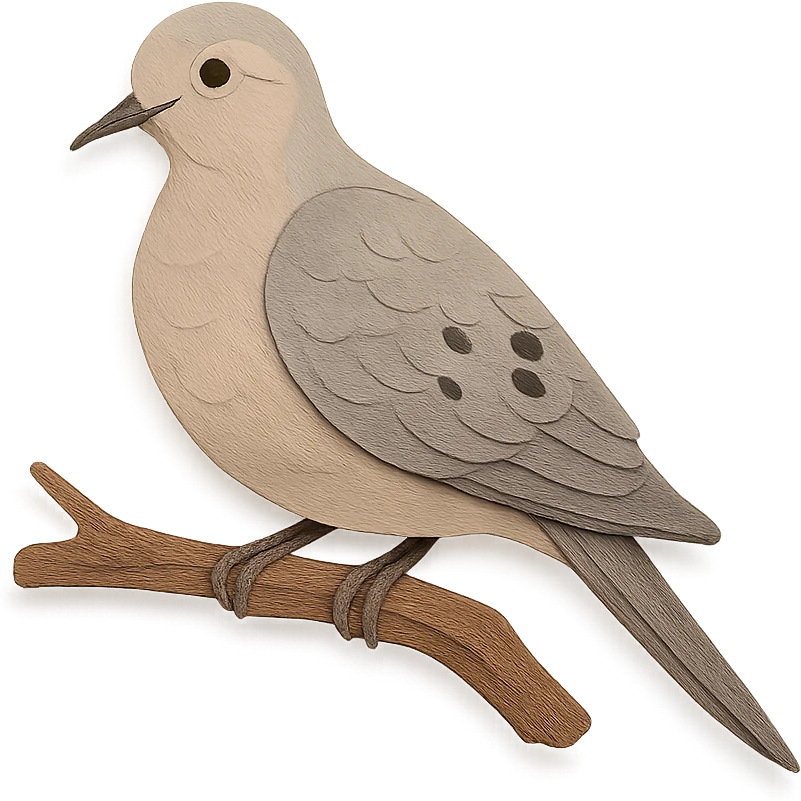 very detailed mourning dove perched on a tree branch, intricate cut paper textures, soft gray and beige feathers, black spots on wings, gentle expression emoji