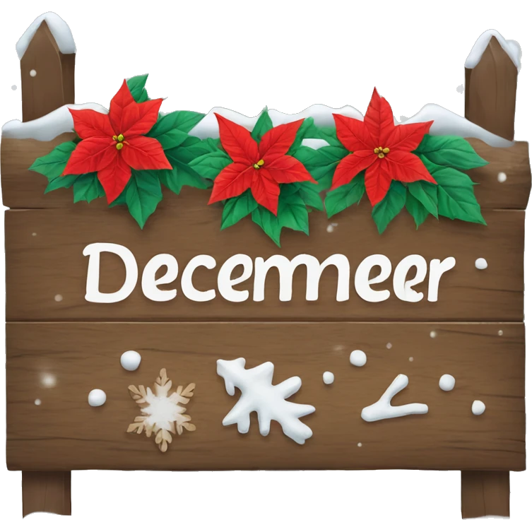 Wood sign with inscription december and poinsettia with snow on sign  emoji