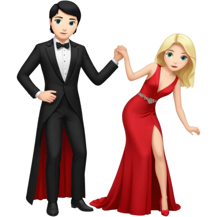 2 Person, prince, upright, black Hair, blue eyes, whole body, Woman, blonde Hair, Green eyes, bending knee, sleveless White Dress, emoji