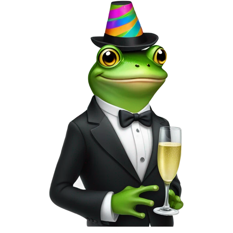 Frog in a tuxedo wearing a birthday hat and drinking champagne  emoji