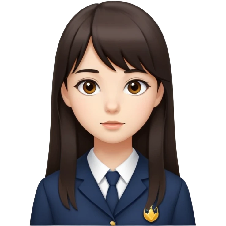 Girl in elegant school uniform with dark brown bangs, long straight hair, minimal makeup, attractive expression emoji