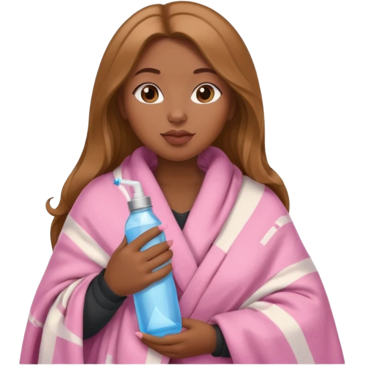 Curvy, light brown long hair, pretty black girl light pink lipgloss wrapped in blanket holding a brown cigarette and water bottle  emoji