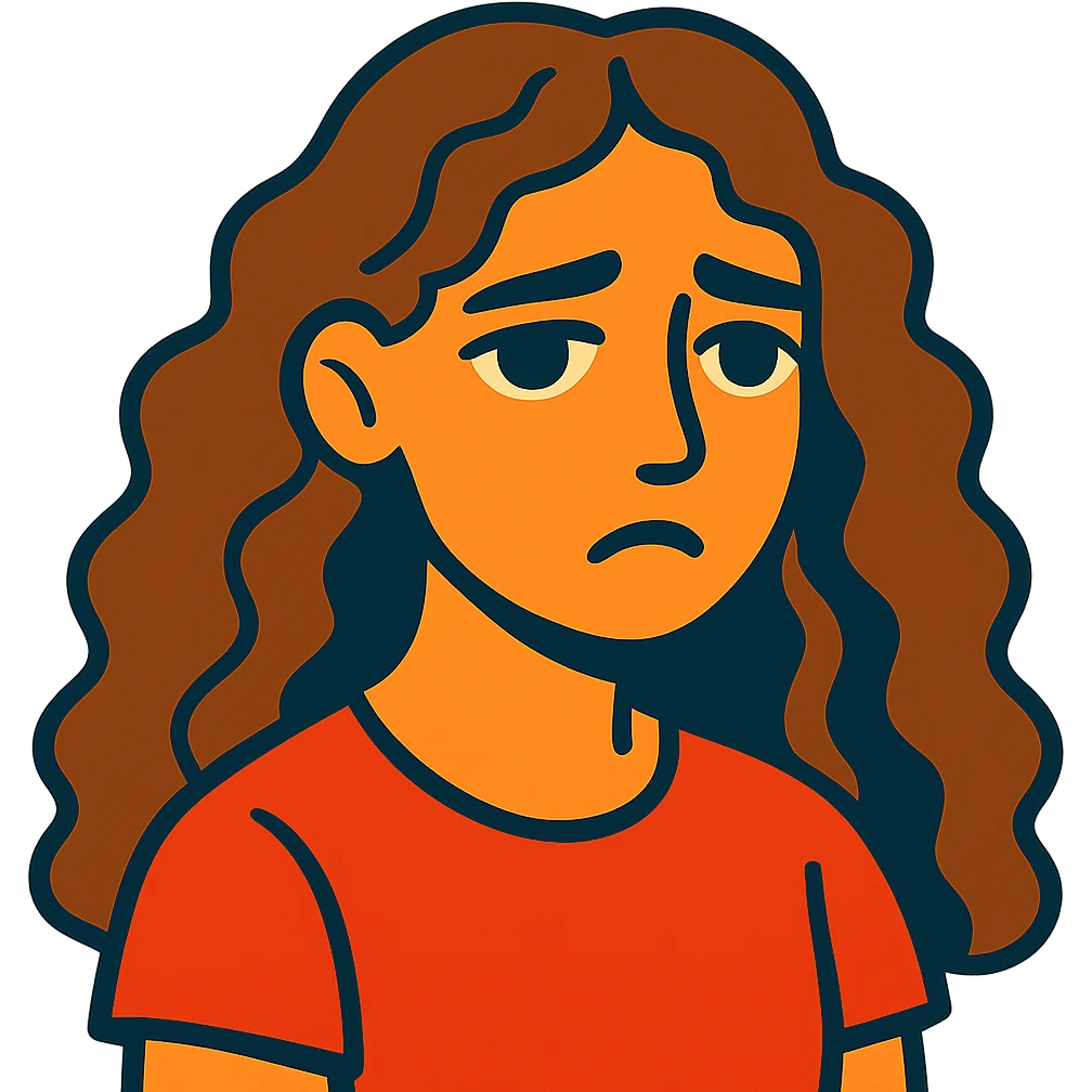 vibrant illustration of a girl with long curly brown hair (not too dark), intense dark brown eyes, clear skin (neither pale nor tan), mole on right cheek, sad expression emoji