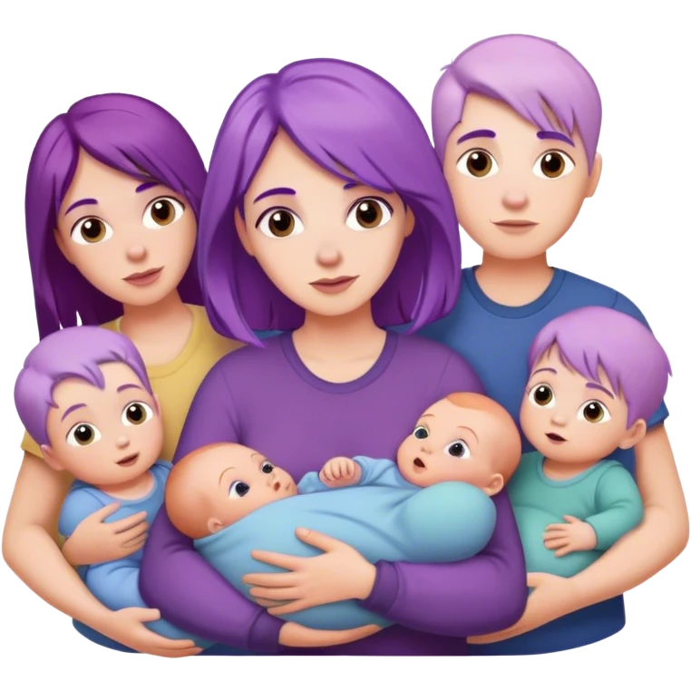 White woman with purple hair holding a baby with other white kids around her emoji