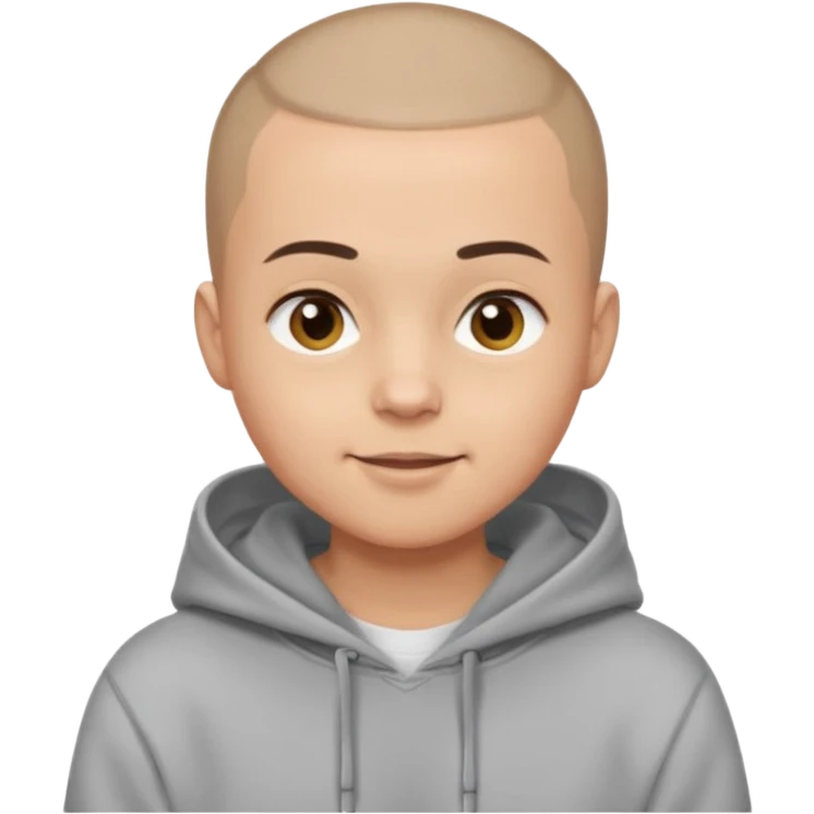 Light skin tone
Buzz cut (very short hair)
Thick, straight eyebrows
Big round brown eyes
Small closed-mouth smile
Wearing a grey hoodie over a white T-shirt emoji