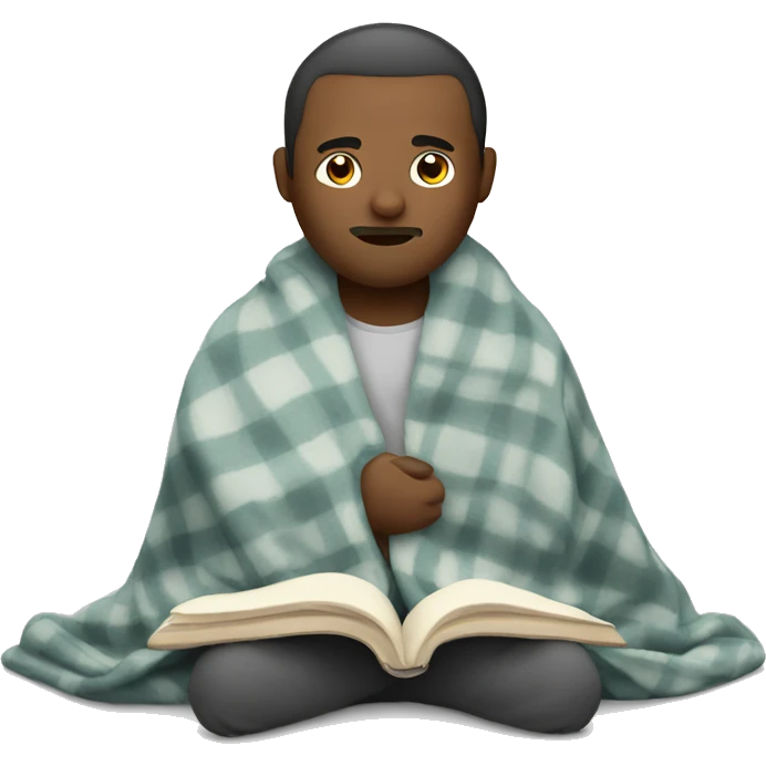 Man in blanket reading emoji