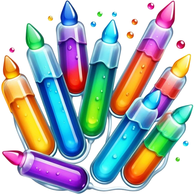 Create an icon that represents decorative arts using epoxy resin in tubes. The design should feature colorful tubes of resin, including fluorescent resin tubes, with visible drops or strokes of resin being applied to create intricate designs. Include examples of finished resin jewelry or decorative pieces, such as pendants, rings, or abstract art. The composition should feel vibrant and artistic, highlighting the creative and glowing nature of resin crafting. The background should be transparent. emoji