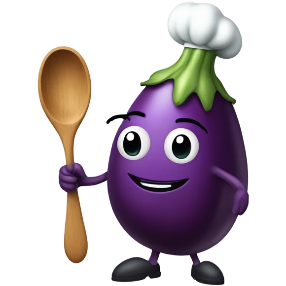 Eggplant with stem wearing chef’s apron on holding spoon emoji