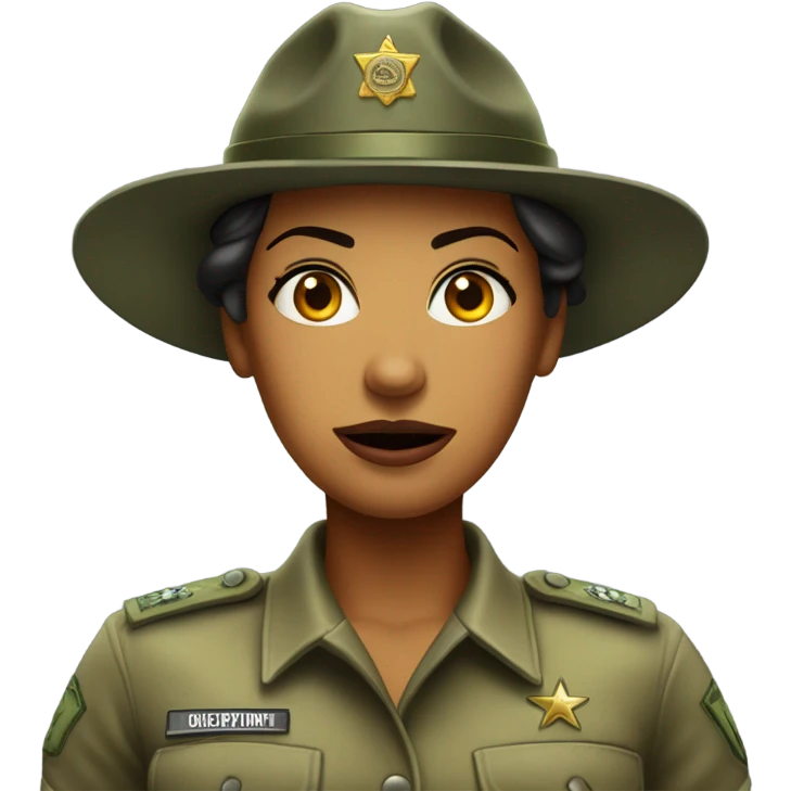a female drill sergeant character wearing a classic sergeant hat and a camouflage army shirt. The character should have an angry intense expression. full torso emoji