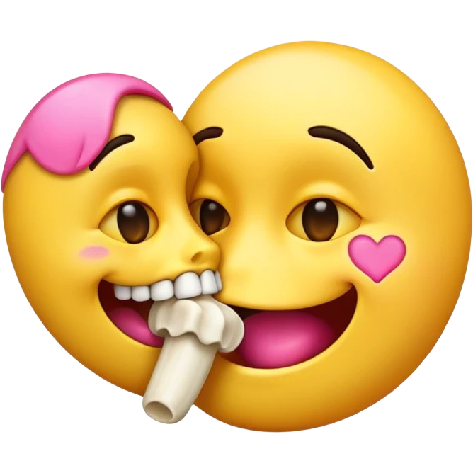 kissing emoji with a yellow bone in its mouth, bone has a pink tip emoji