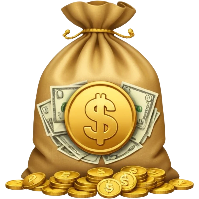 sack of money with a play icon printed on it, coins stacked beside emoji