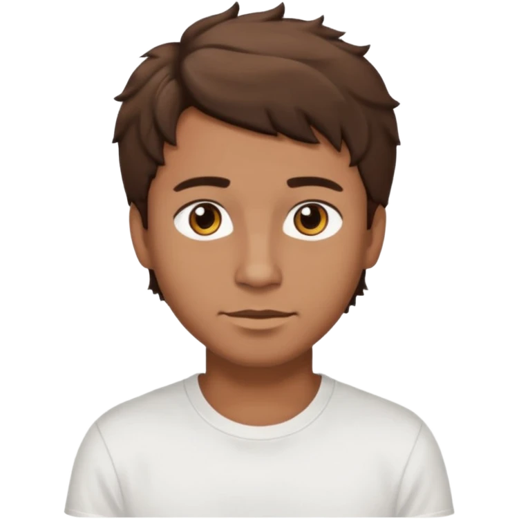 Homme brun cheveux court ondulé. Métisse. Yeux marrons très foncé. Avec t-shirt blanc emoji