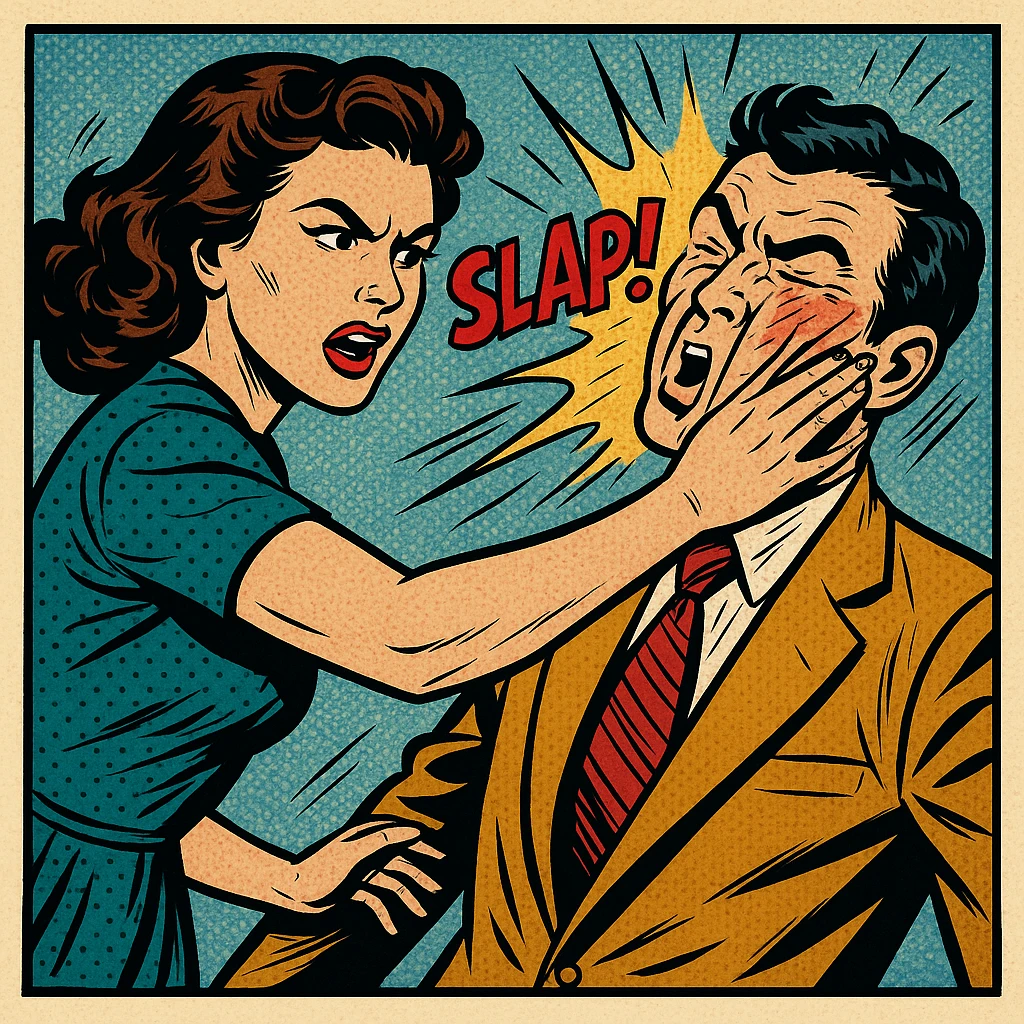 a comic-inspired panel of a woman slapping a man, featuring energetic movement and classic comic shading emoji