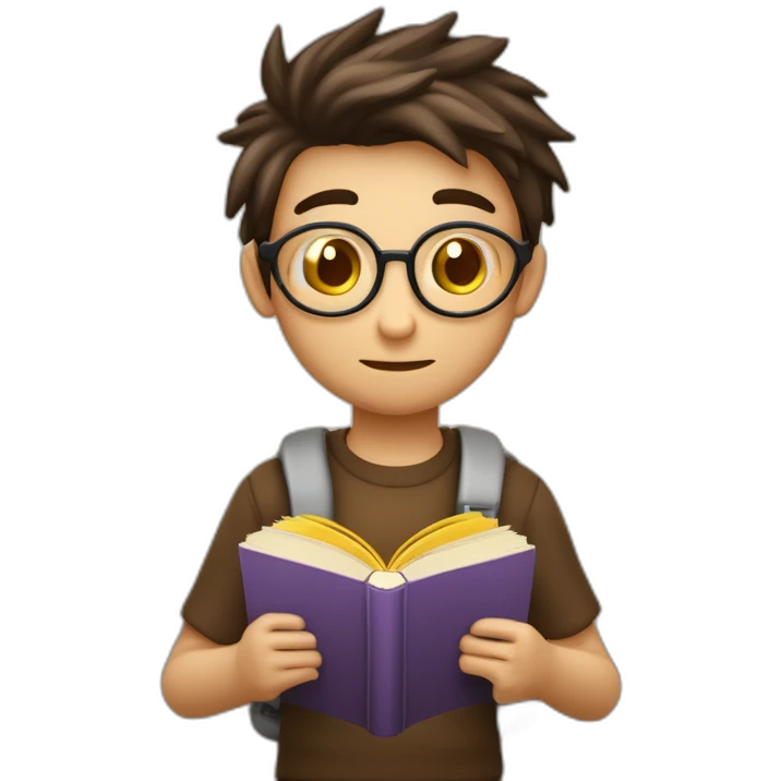 icono joven estudiante con  con un libro en sus manos y en su cabeza, junto a muchos libros y una lampara y un libro en su cabeza, con muchos y muchos  libros, de piel blanca emoji