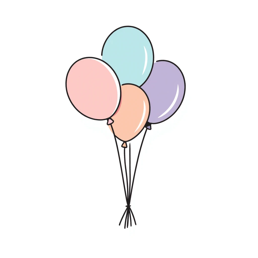 Colorful birthday balloons with strings. Hand-drawn doodle style using pastel colors (pink, light blue, lavender, peach). Simple festive balloon bunch with different shapes and sizes. Celebratory design perfect for birthdays. emoji