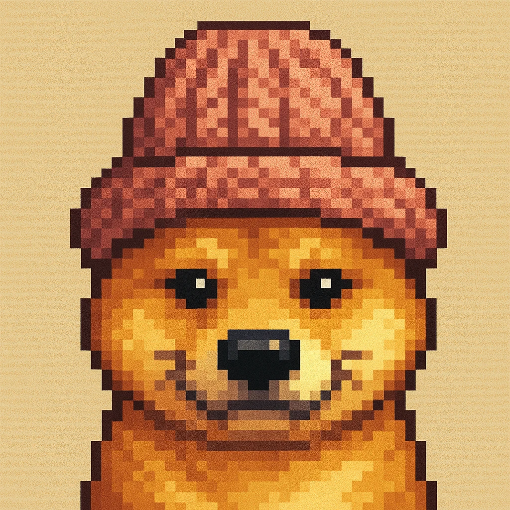 A dog in a cap, pixel art style emoji