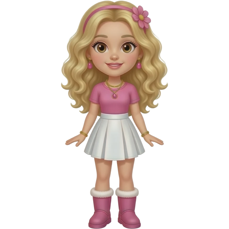 Full body image of a blonde hair curled teen with brown eyes in a pink top with a white skirt and pink UGGs on and pink earrings and a cute gold chain with a pink gem and a cute headband that’s pink with flowers on it emoji