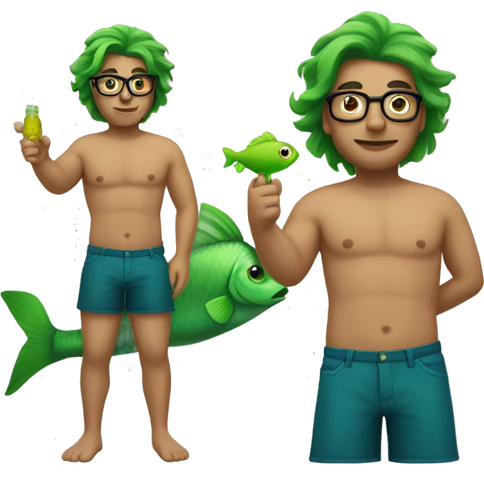 Shirtless man with bottom half of body a green fish tail. He is wearing glasses emoji