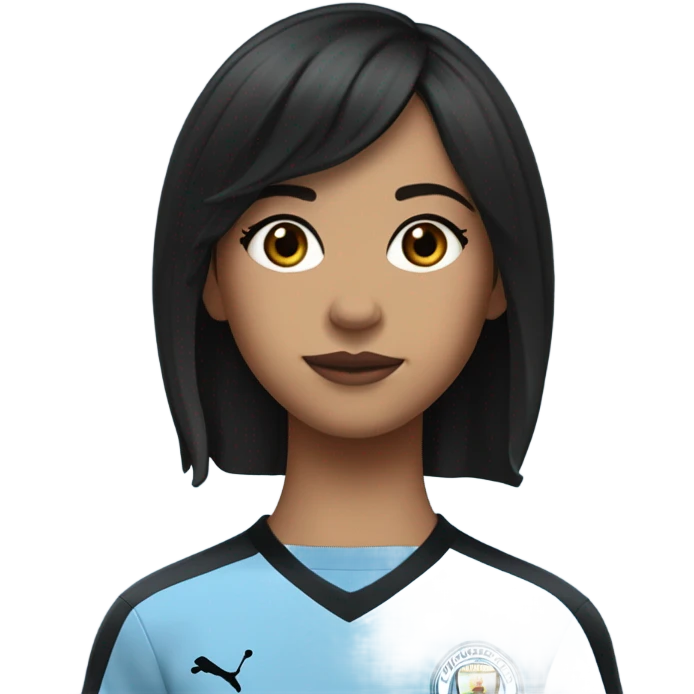 short hair girl, crunchy curtain bangs, with pixie back hair, black hair, dark brown eyes, with short eyelash, tan skin plump lower lip with a darker of shade on the upper lip, wearing a Manchester City jersey 24/25 season emoji