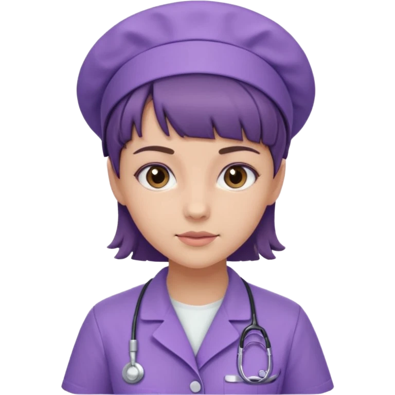 A young female slim nurse with short Brown hair with fringe over her forehead, wearing larvendar purple working cloth emoji
