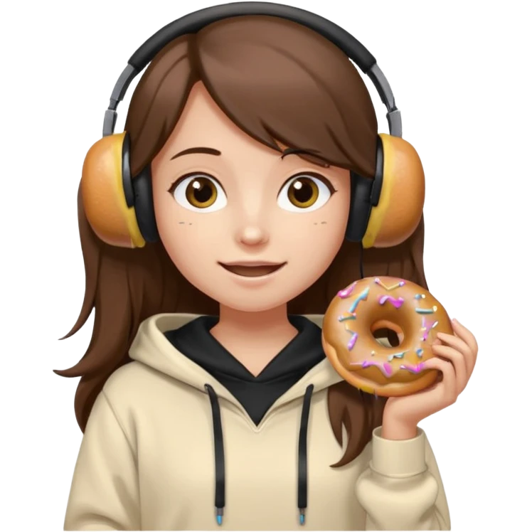 a girl with long brown hair green and wearing black headphones she is wearing a cream coulor baggy hoddie she is happyish holding a donut emoji