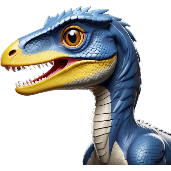 Cinematic Noble Velociraptor Portrait Emoji, Poised and agile, with a slender, streamlined build, sharp, cunning eyes, and a sleek snout hinting at predatory precision, Simplified yet sharply defined features, highly detailed, glowing with a cool, dynamic radiance, high shine, intelligent and swift, stylized with an air of agile prehistoric grace, focused and alert, soft glowing outline, capturing the essence of a watchful and confident Velociraptor that appears ready to dash out of the screen with effortless speed! emoji