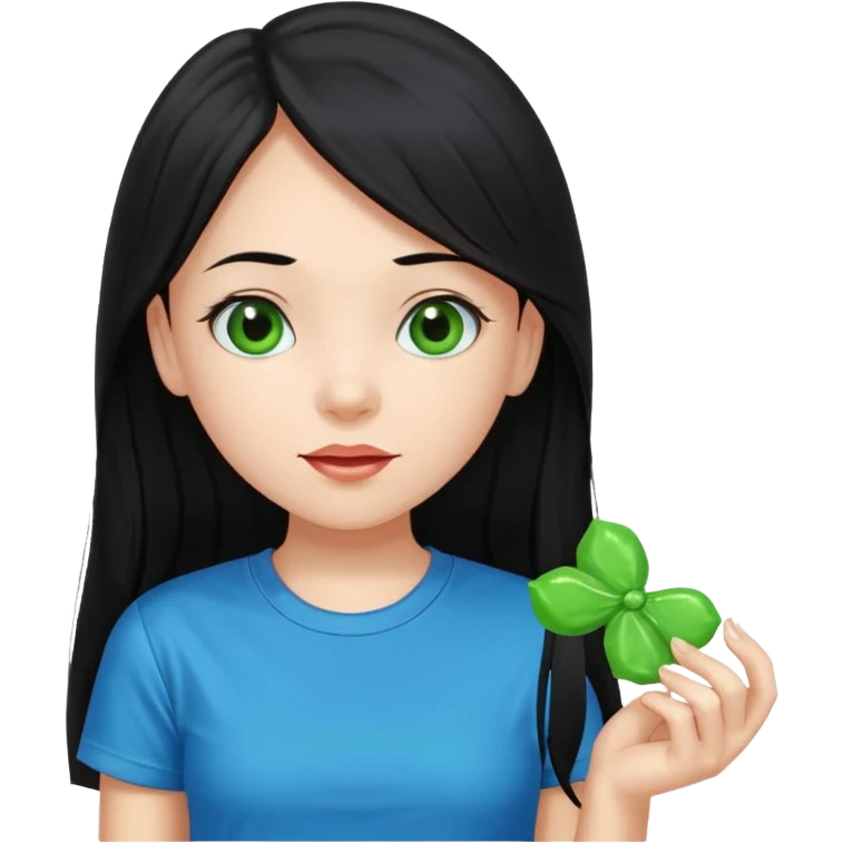 A girl with long black hair and black eyes wearing a blue t-shirt holding a piece of green hard candy in one hand and a green candy wrapper showing a guava on it in the other hand emoji