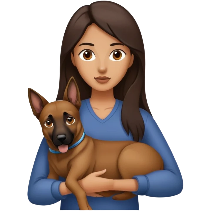 woman with long dark brown hair holding a Malinois dog in her arms emoji